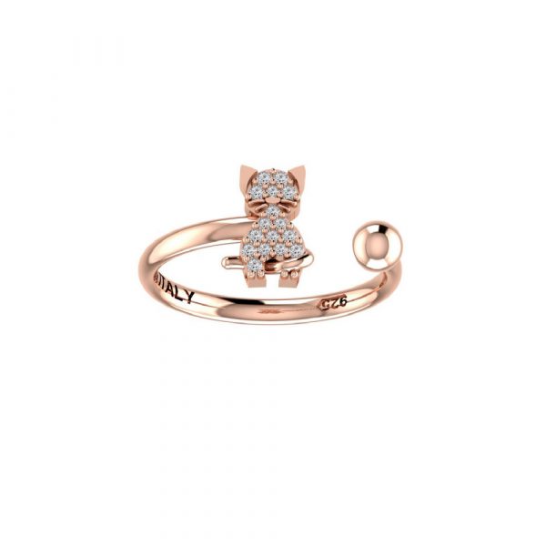 Anello Love Makes a Family Gatto-Sfera 4 mm Argento Rosè Pietre Bianche