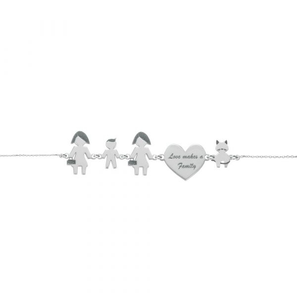 Bracciale Love Makes a Family Lei-Bimbo-Lei-Cuore-Gatto Argento