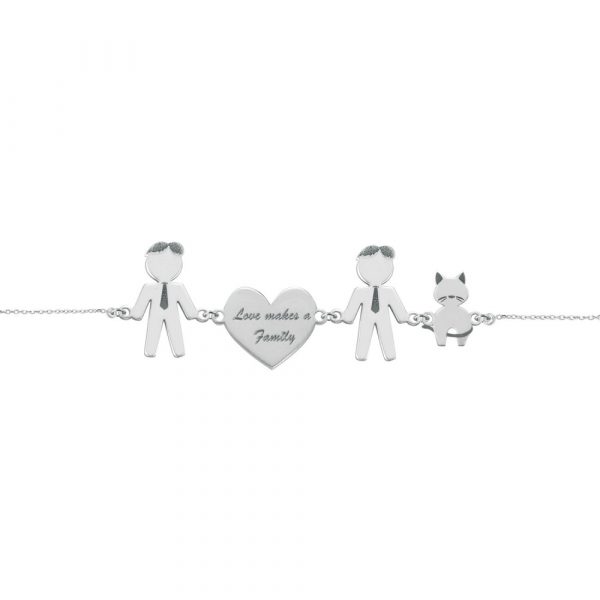 Bracciale Love Makes a Family Lui-Cuore-Lui-Gatto Argento