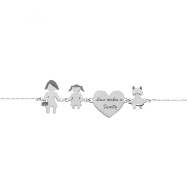 Bracciale Love Makes a Family Mamma-Bimba-Cuore-Gatto Argento