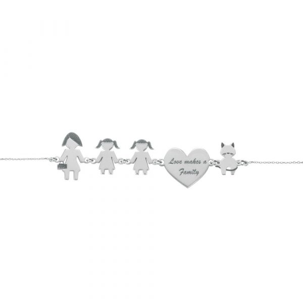 Bracciale Love Makes a Family Mamma-Bimba-Bimba-Cuore-Gatto Argento