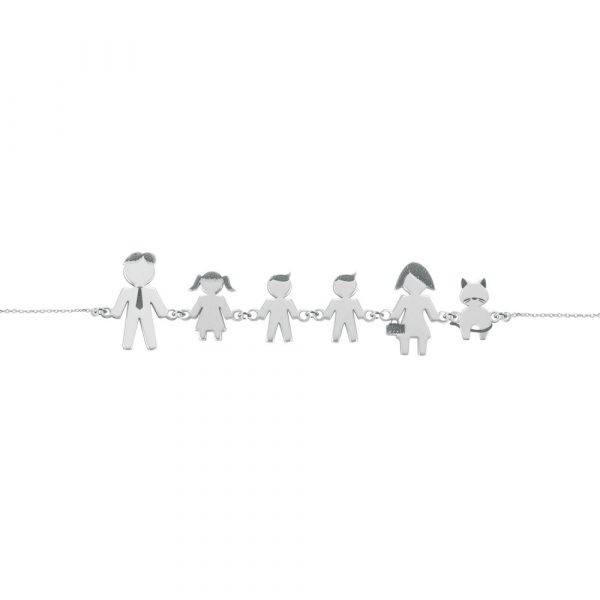 Bracciale Love Makes a Family Papà-Bimba-Bimbo-Bimbo-Mamma-Gatto Argento