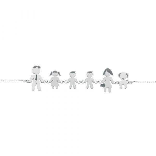Bracciale Love Makes a Family Papà-Bimba-Bimbo-Bimbo-Mamma-Cane Argento