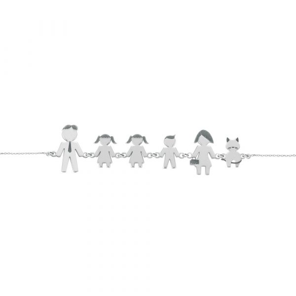 Bracciale Love Makes a Family Papà-Bimba-Bimba-Bimbo-Mamma-Gatto Argento