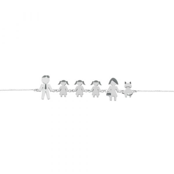 Bracciale Love Makes a Family Papà-Bimba-Bimba-Bimba-Mamma-Gatto Argento