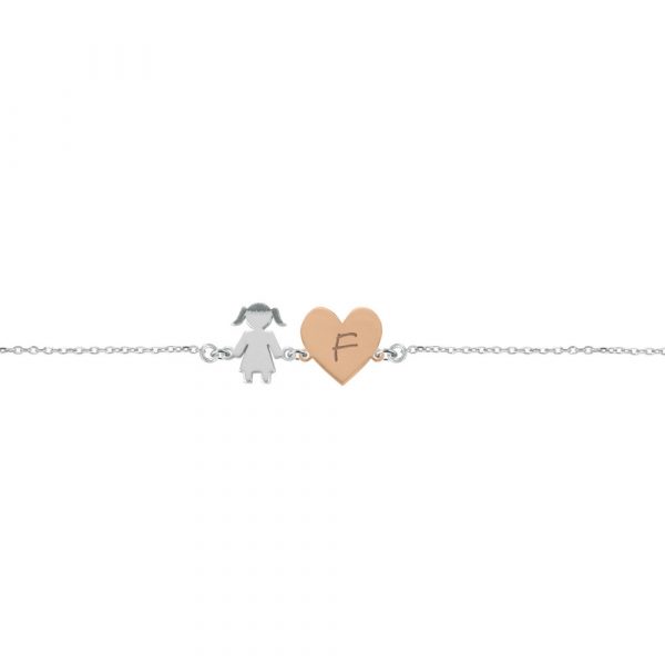 Bracciale Love Makes a Family Bimba Cuore Rosè Lettera F Argento