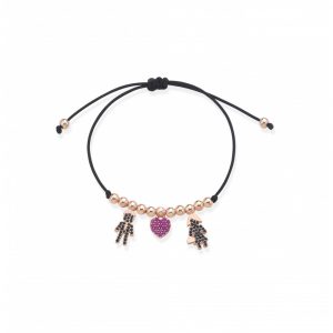 Bracciale Love Makes a Family Lui-Cuore-Lei Argento Rosè Pietre Nere-Rosse