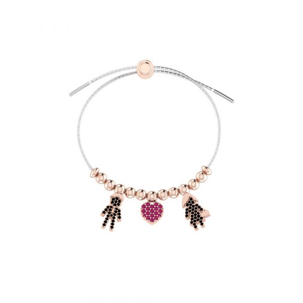 Bracciale Love Makes a Family Lui-Cuore-Lei Argento Bicolore Pietre Nere-Rosse