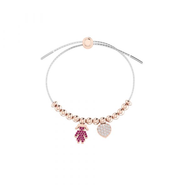 Bracciale Love Makes a Family Bimba-Cuore Argento Bicolore Pietre Rosse-Bianche