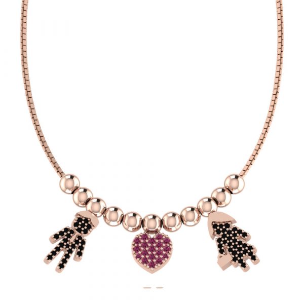 Collana Love Makes a Family Lui-Cuore-Lei Argento Rosè Pietre Nere-Rosse