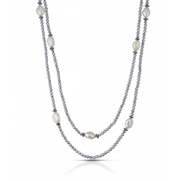 Collana FuJiko Lunga Perle Bianche Ematite Silver