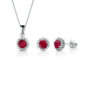 Parure Hiriwa 925 Collana + Orecchini Argento Pietre Rosse-Bianche