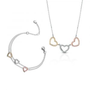 Parure Hiriwa 925 Bracciale + Collana Cuore Argento Multicolore Pietre Bianche