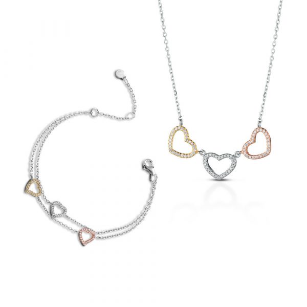 Parure Hiriwa 925 Bracciale + Collana Cuore Argento Multicolore Pietre Bianche