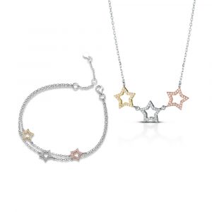 Parure Hiriwa 925 Bracciale + Collana Stella Argento Multicolore Pietre Bianche