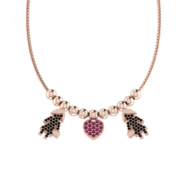Collana Love Makes a Family Lei-Cuore-Lei Argento Rosè Pietre Nere-Rosse