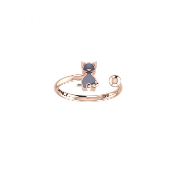 Anello Love Makes a Family Gatto-Sfera 4 mm Argento 925 Rosè Smaltato Grigio